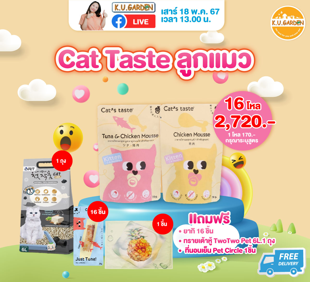 แถมยากิ 16ชิ้น + ทรายแมวTwo2Pet 6L. + ที่นอนเย็น 1ชิ้น